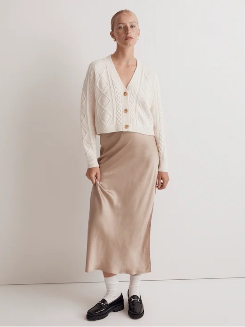 Madewell Cable-Knit Cropped Cardigan Antique Cream V-Neck Wool Sweater Knit